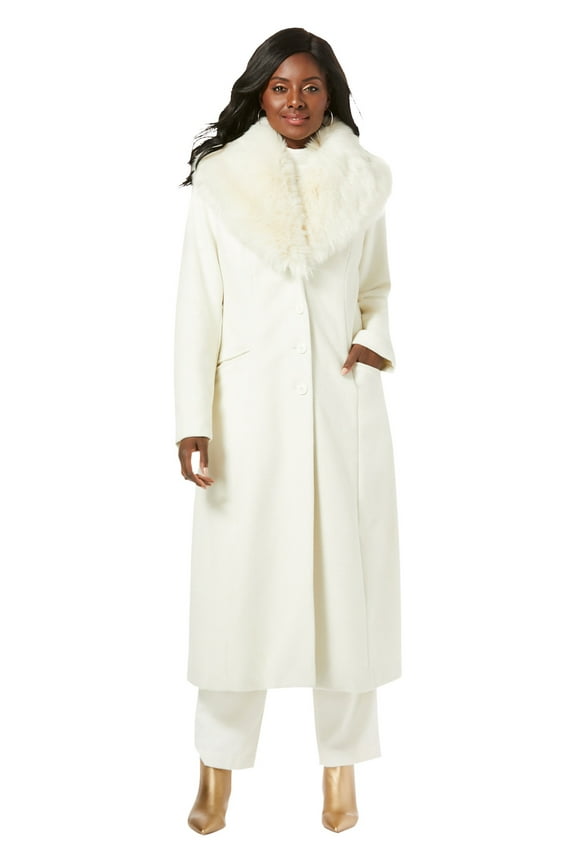 Women's Plus Size Long Wool-Blend Coat With Faux Fur Collar