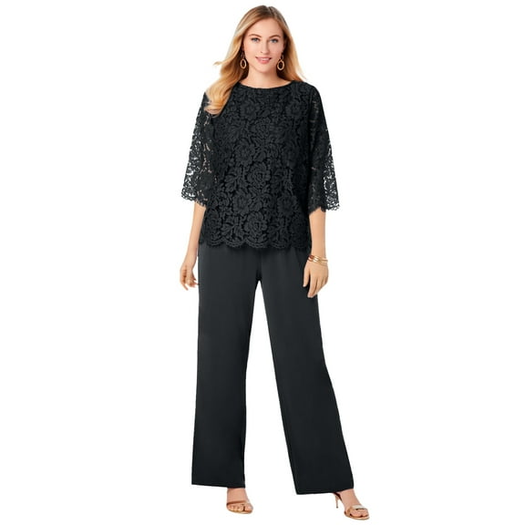 Jessica London Women's Plus Size Popover Elastic Waist Wide Leg Lace Jumpsuit