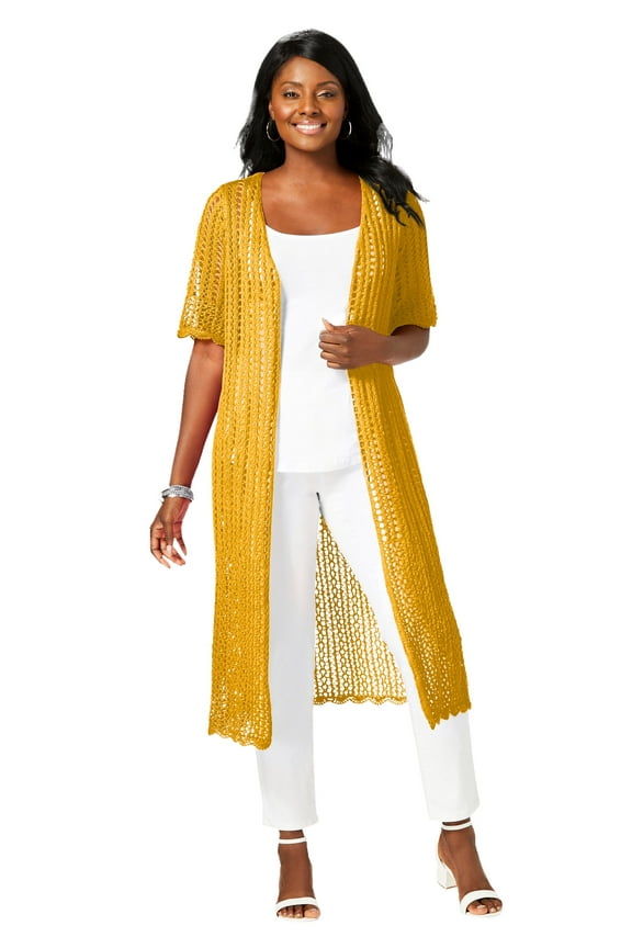 Women's Plus Size Scalloped Crochet Sweater Duster