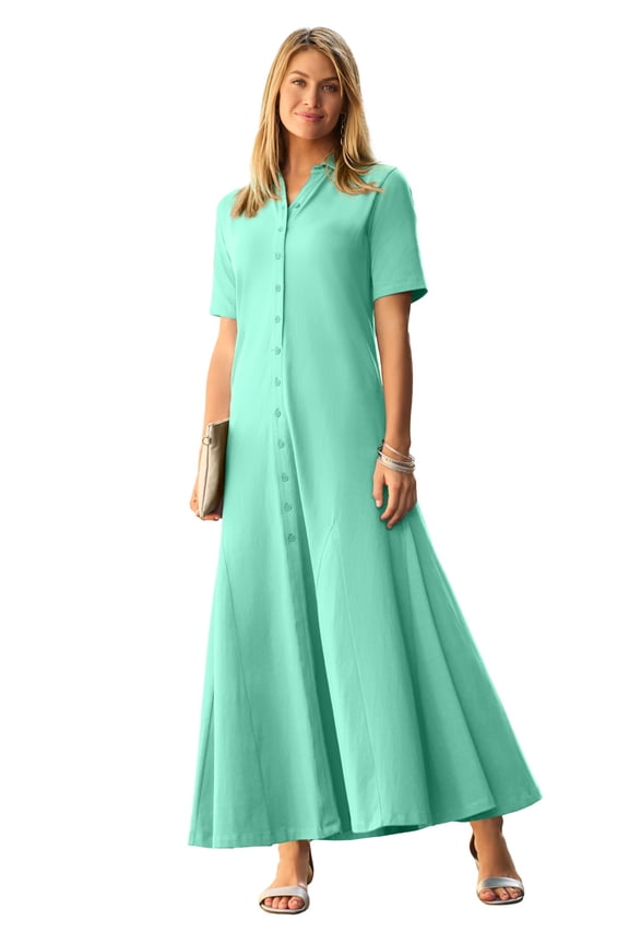 Women's Plus Size Stretch Cotton Button Front Maxi Dress