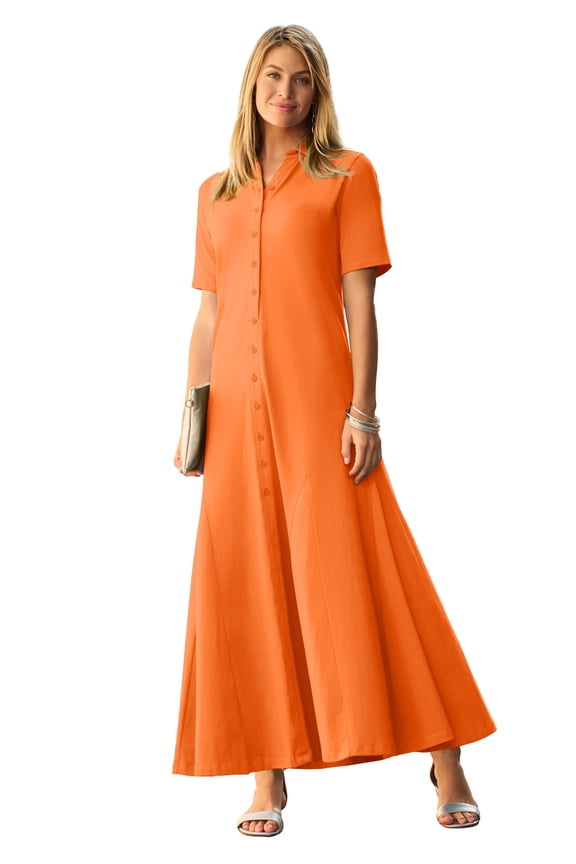 Women's Plus Size Stretch Cotton Button Front Maxi Dress