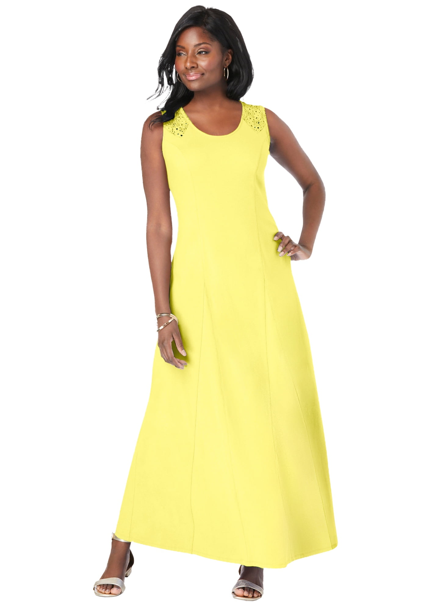 Jessica London Women's Plus Size Stretch Cotton Crochet-Back Maxi