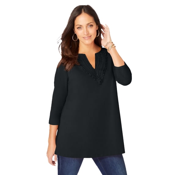 Jessica London Women's Plus Size Stretch Cotton Crochet Notch Neck Tunic