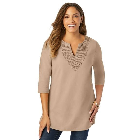 Jessica London Women's Plus Size Stretch Cotton Crochet Notch Neck Tunic