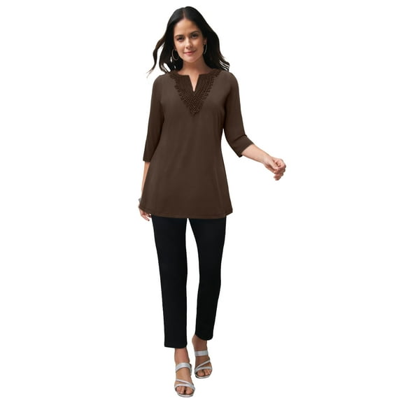 Jessica London Women's Plus Size Stretch Cotton Crochet Notch Neck Tunic