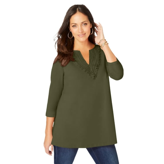 Jessica London Women's Plus Size Stretch Cotton Crochet Notch Neck Tunic