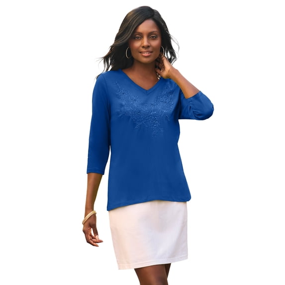 Jessica London Women's Plus Size Stretch Cotton Embroidered Tee