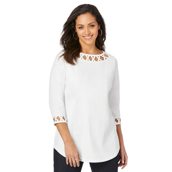 Jessica London Women's Plus Size Stretch Cotton Lattice Boatneck Tunic