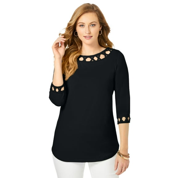 Jessica London Women's Plus Size Stretch Cotton Lattice Boatneck Tunic