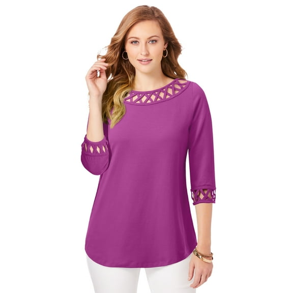 Jessica London Women's Plus Size Stretch Cotton Lattice Boatneck Tunic
