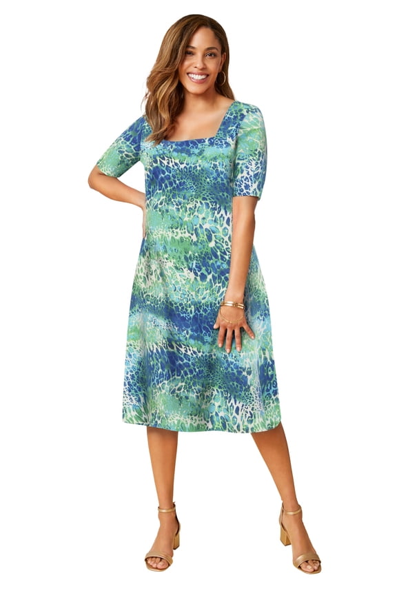 Women's Plus Size Stretch Cotton Square Neck Midi Dress