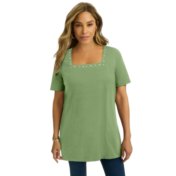 Jessica London Women's Plus Size Stretch Cotton Studded Square Neck Tunic