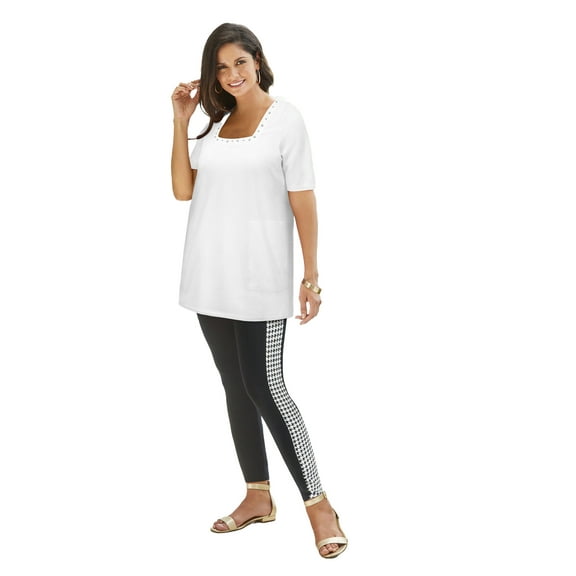 Jessica London Women's Plus Size Stretch Cotton Studded Square Neck Tunic