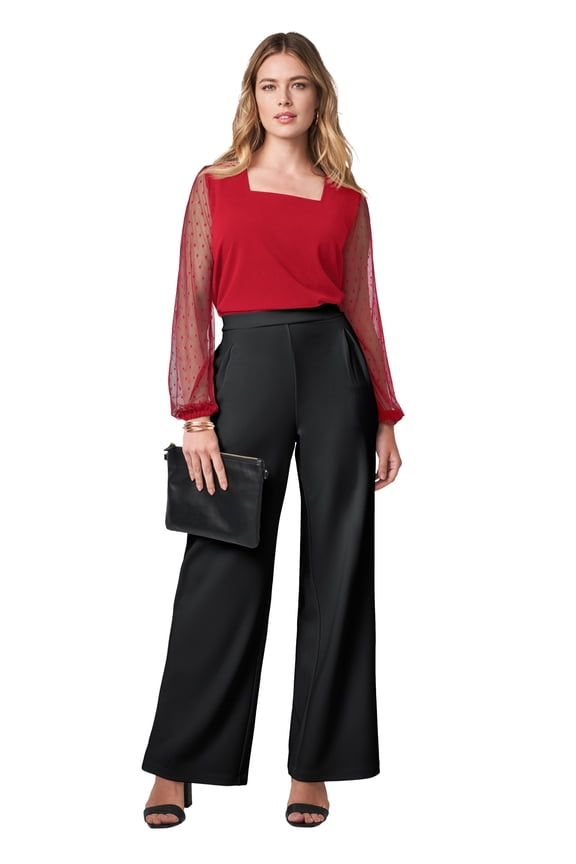 Women's Plus Size Stretch Crepe Square Neck Mixed Media Top