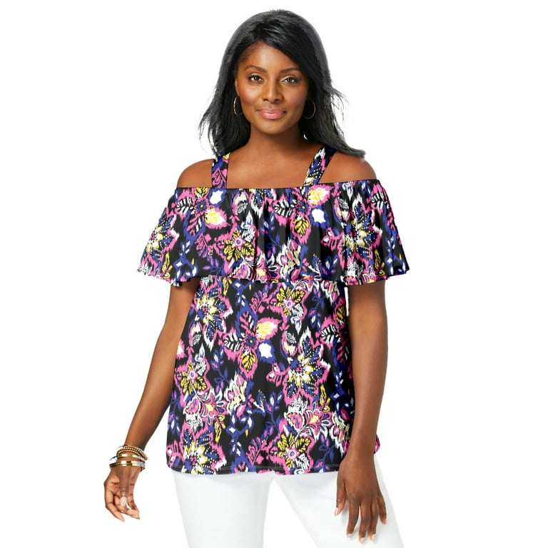 Jessica London Stretch Knit Cold Shoulder Ruffle Tunic Walmart