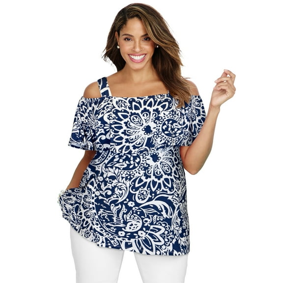 Jessica London Women's Plus Size Stretch Knit Cold Shoulder Ruffle Tunic