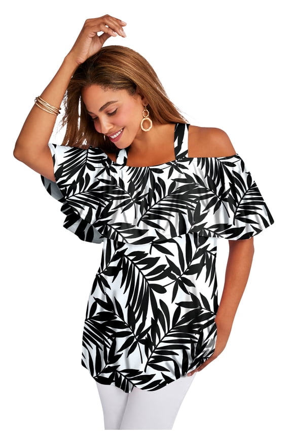Women's Plus Size Stretch Knit Cold Shoulder Ruffle Tunic