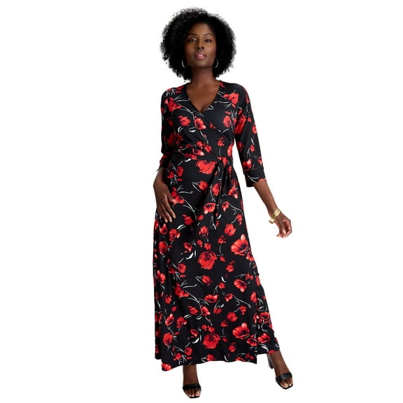 Jessica London Women's Plus Size Stretch Knit Faux Wrap Maxi Dress