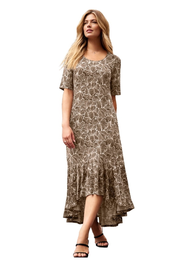 Women's Plus Size Stretch Knit Flounce Hem Maxi Dress