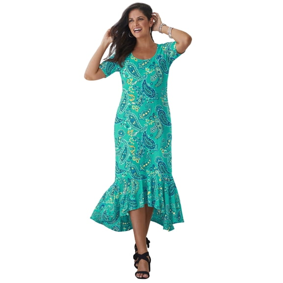 Jessica London Women's Plus Size Stretch Knit Flounce Hem Maxi Dress