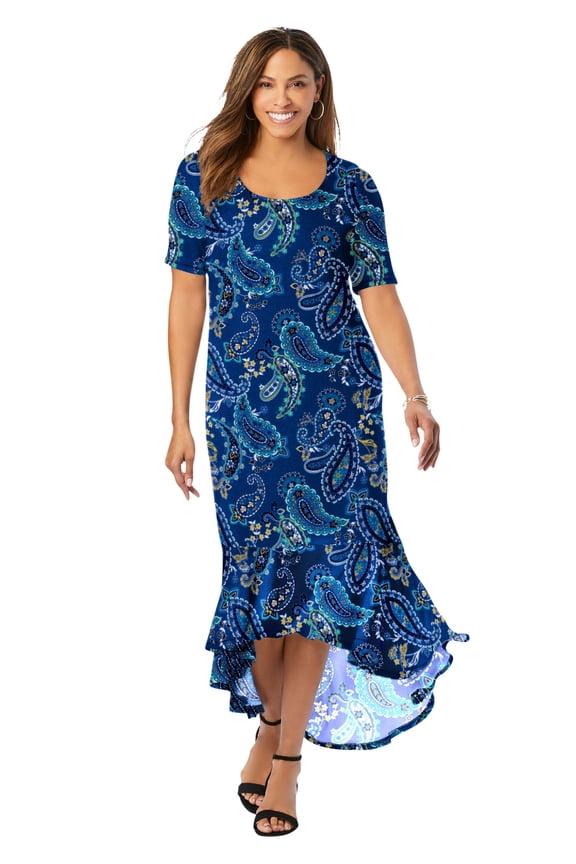 Women's Plus Size Stretch Knit Flounce Hem Maxi Dress