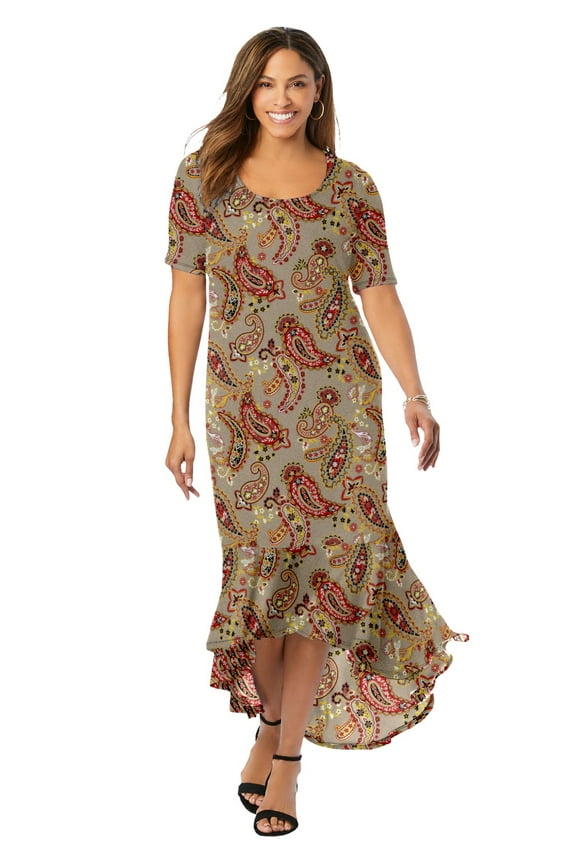 Women's Plus Size Stretch Knit Flounce Hem Maxi Dress