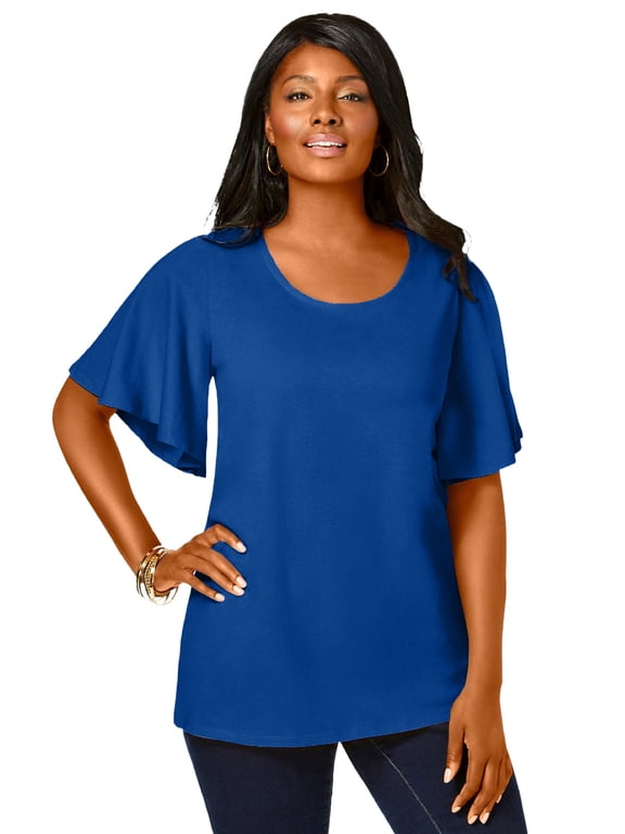 Women's Plus Size Stretch Knit Flutter Sleeve Tunic