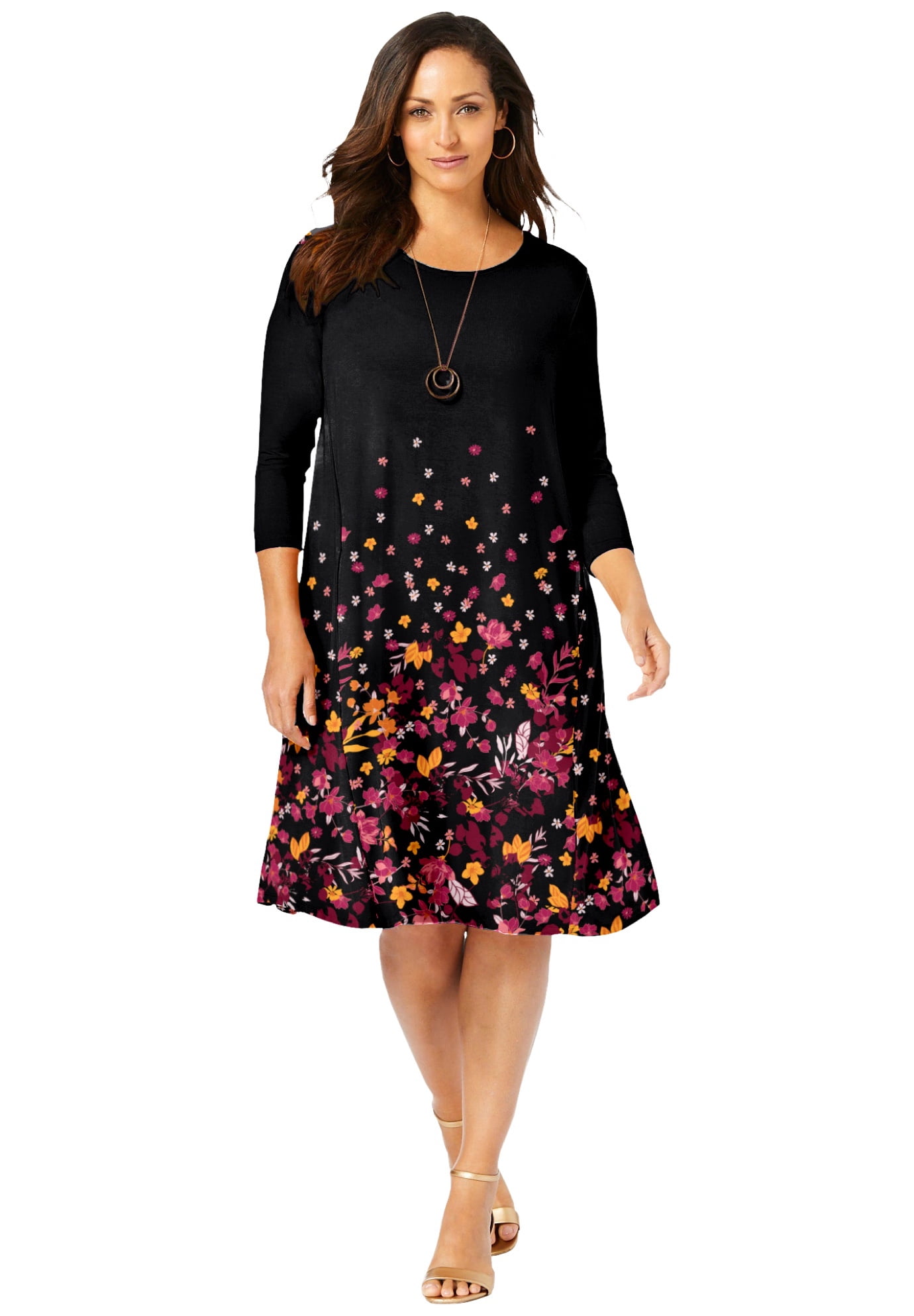 Jessica London Women s Plus Size Stretch Knit Long Three Quarter Sleeve T Shirt Dress 16 W Black Walmart