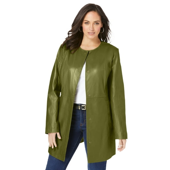 Jessica London Women's Plus Size Three Quarter Length Jacket Real Leather Oversized Long Coat