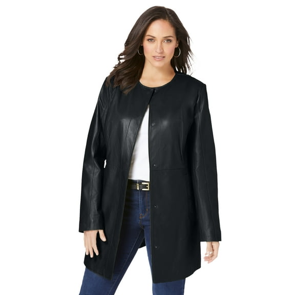 Jessica London Women's Plus Size Three Quarter Length Jacket Real Leather Oversized Long Coat