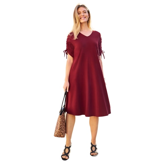 Jessica London Women's Plus Size Stretch Cotton Tie Sleeve Midi Dress