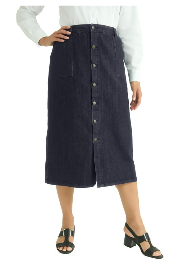 Women's Plus Size True Fit Button-Front Midi Skirt