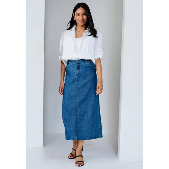 Jessica London Women's Plus Size True Fit Front Button Casual Denim Skirt