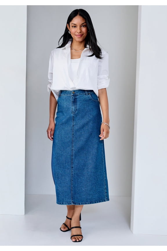 Women's Plus Size True Fit Front Button Casual Denim Skirt