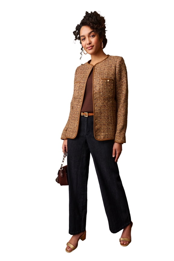 Women's Plus Size Tweed Jacket With Leather-Trim