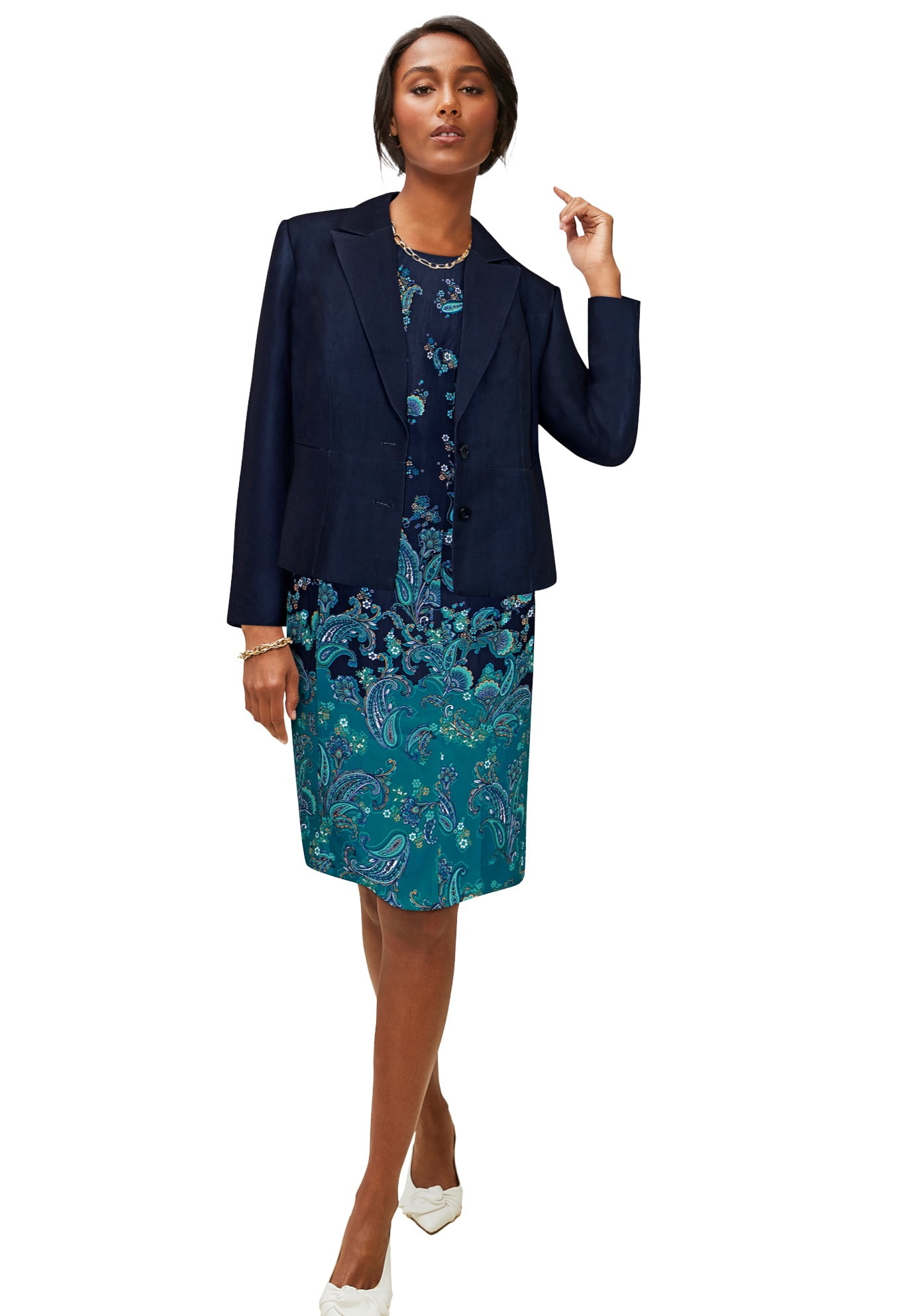 Jessica London Women's Plus Size Two Piece Single Breasted Jacket Dress  Suit Outfit - 20 W, Teal Paisley Print Blue 