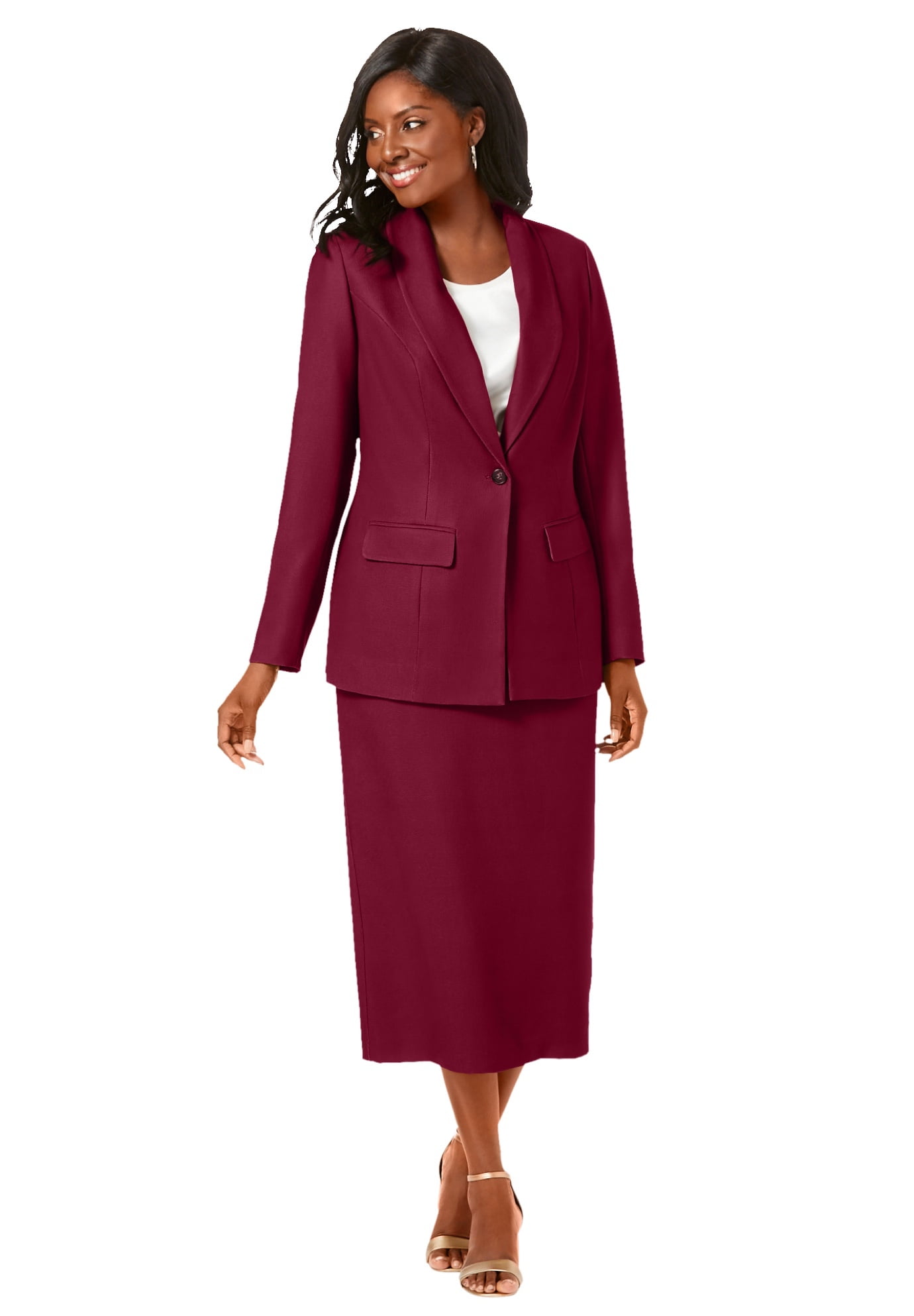 Jessica London Women's Plus Size Two Piece Single Breasted Jacket Skirt  Suit Set - 22, Rich Burgundy Red