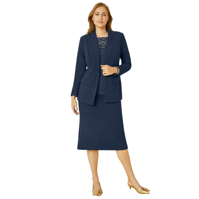 Jessica London Women's Plus Size Two Piece Single Breasted Jacket Skirt  Suit Set - 26, Navy Blue 