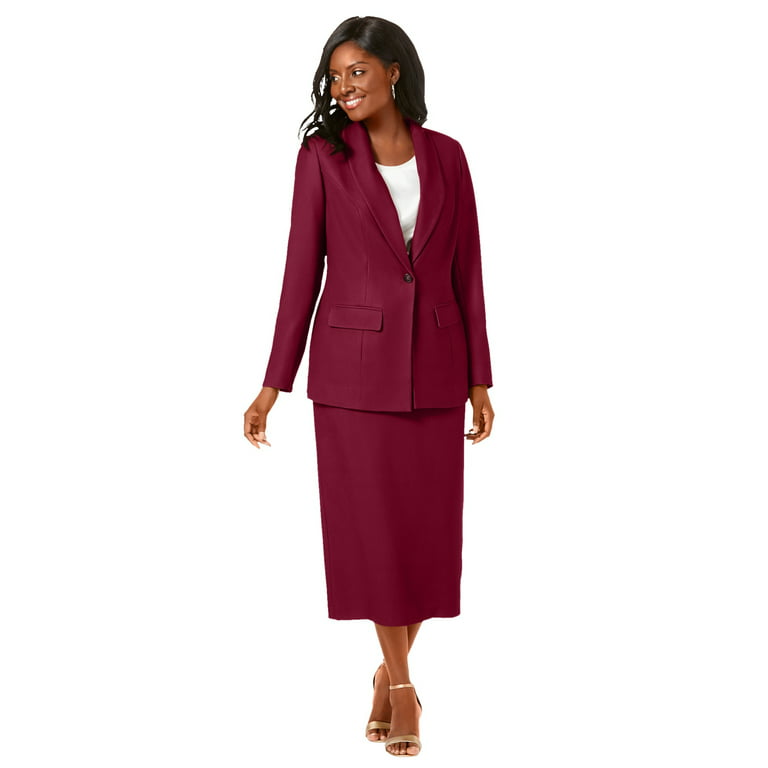 Jessica London Women's Plus Size Two Piece Single Breasted Jacket Skirt  Suit Set - 30, Rich Burgundy Red