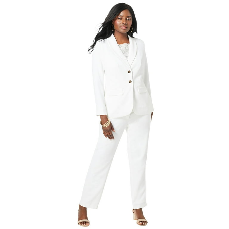 Jessica London Women's Plus Size Two Piece Single Breasted Pant Suit Set -  14 W, White