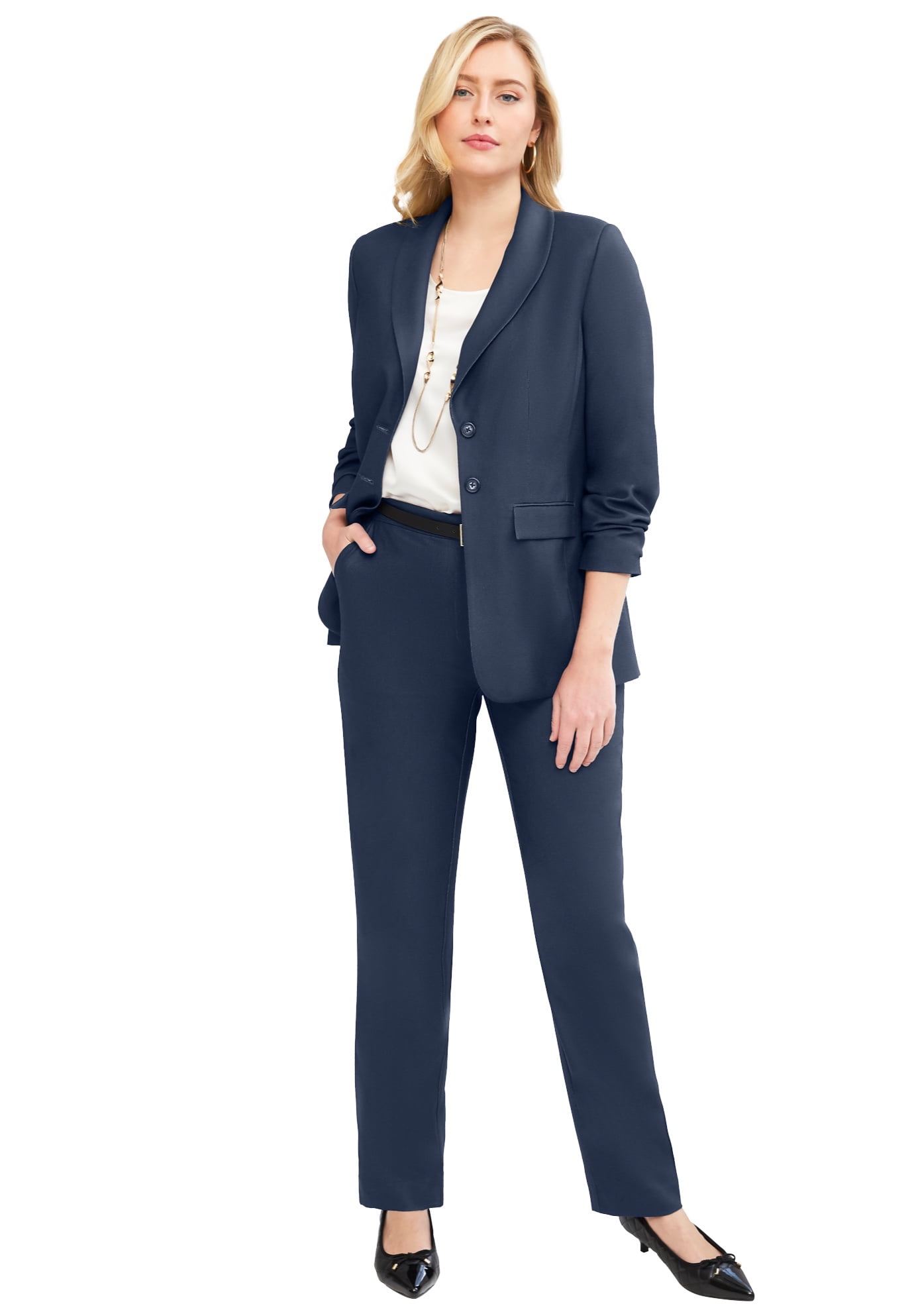 Jessica London Women's Plus Size Two Piece Single Breasted Pant Suit Set -  16 W, Navy Blue
