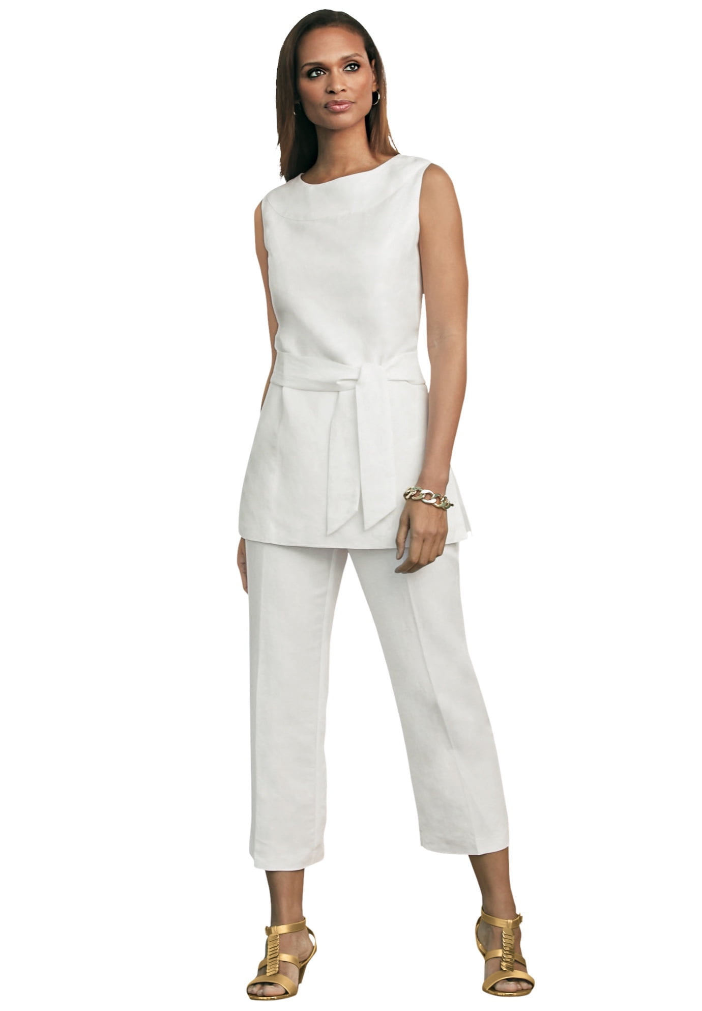 Jessica London Women's Plus Size Two Piece Sleeveless Tunic Top Capri Pants  Linen Blend Set - 12, White