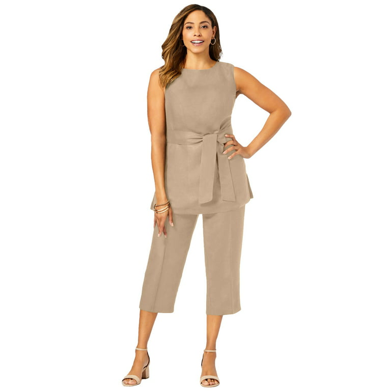 Jessica London Women's Plus Size Two Piece Sleeveless Tunic Top Capri Pants  Linen Blend Set - 16, New Khaki Beige 
