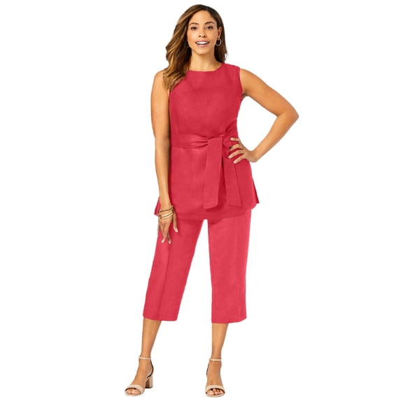 Jessica London Women's Plus Size Two Piece Sleeveless Tunic Top Capri Pants Linen Blend Set