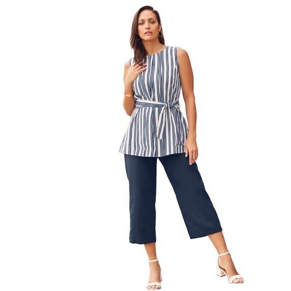 Jessica London Women's Plus Size Two Piece Sleeveless Tunic Top Capri Pants Linen Blend Set