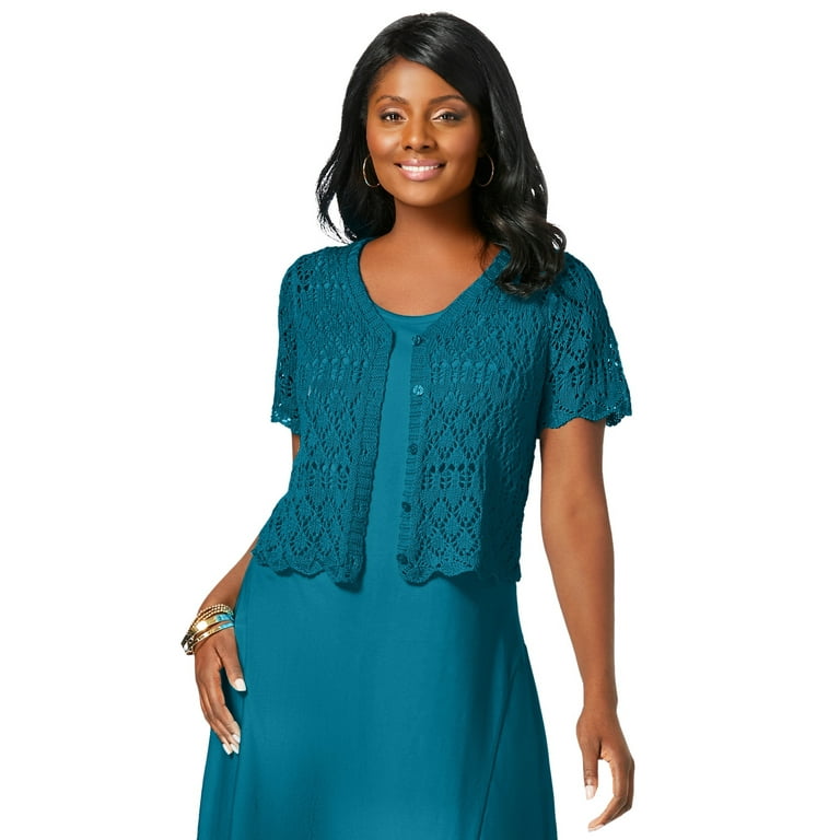Jessica London Women s Plus Size V Neck Short Sleeve Open Front Button Up Crochet Shrug Walmart