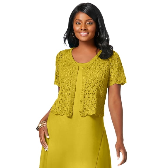 Jessica London Women's Plus Size V-Neck Short Sleeve Open Front Button Up Crochet Shrug