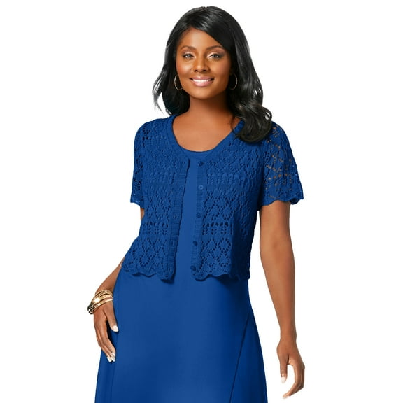 Jessica London Women's Plus Size V-Neck Short Sleeve Open Front Button Up Crochet Shrug