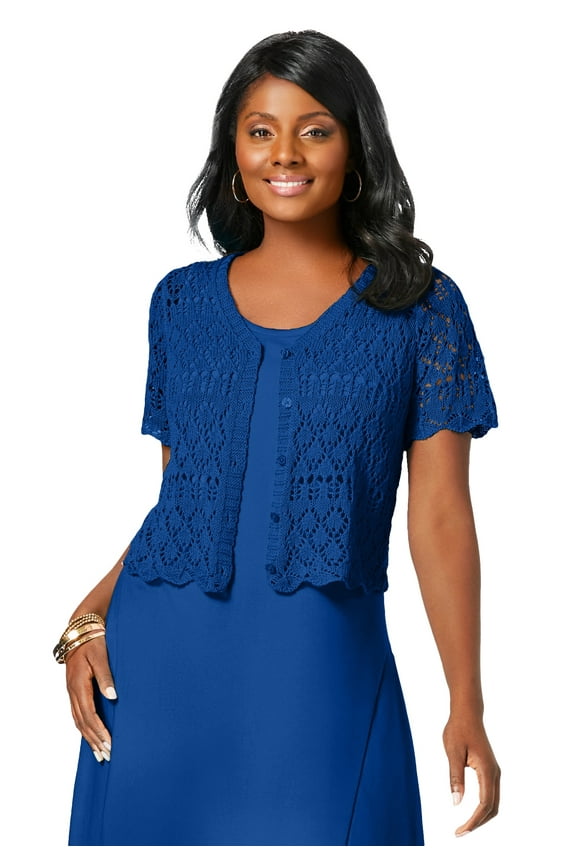 Women's Plus Size V-Neck Short Sleeve Open Front Button Up Crochet Shrug