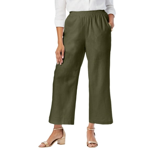 Jessica London Women's Plus Size Wide Leg Linen Crop Pants Elastic Waist